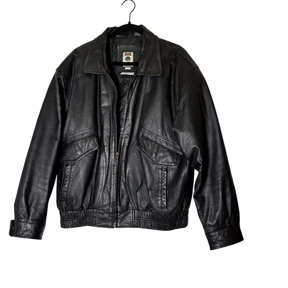 River Trader Mens XL‎ Black Genuine Leather Bomber Jacket Quilted Lined Zip Coat